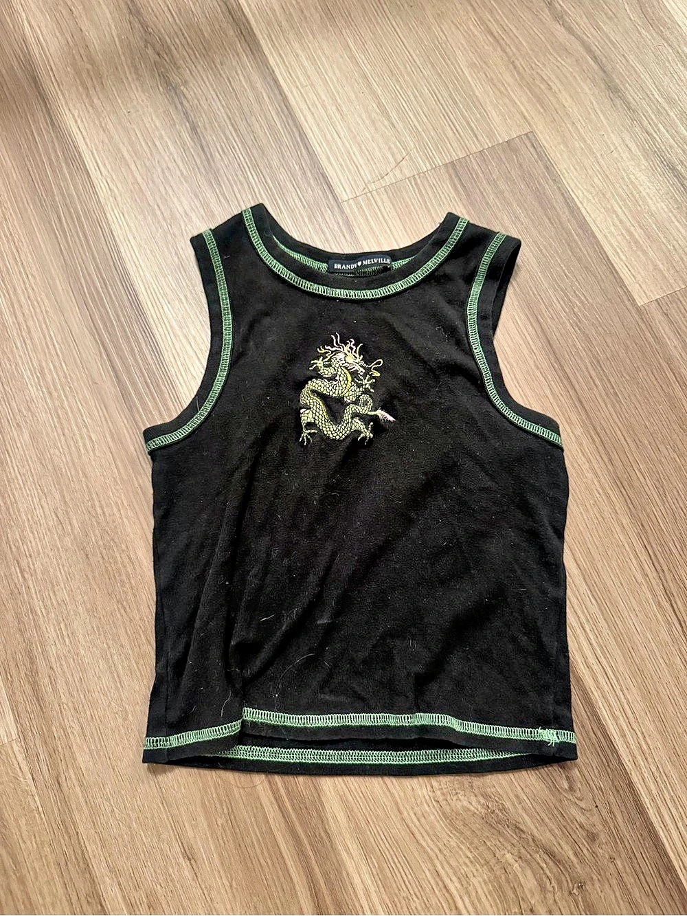 Brandy Melville Dragon Embroidered Contrast Stitch Tank Top Black & Green